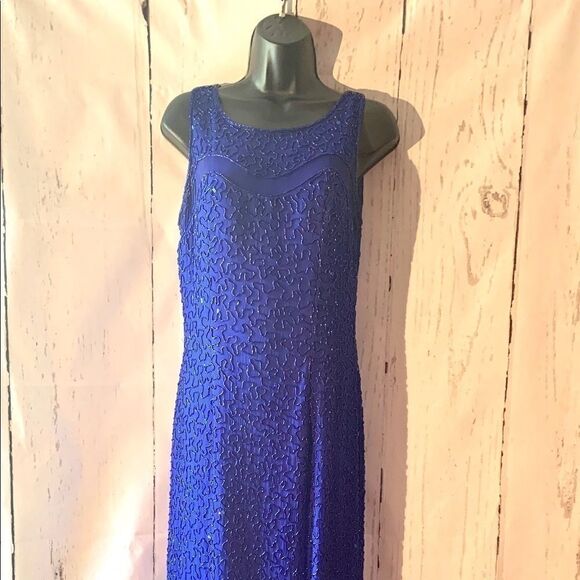 Royal Blue Silk Beaded Dress Sean Collection - Picture 8 of 8